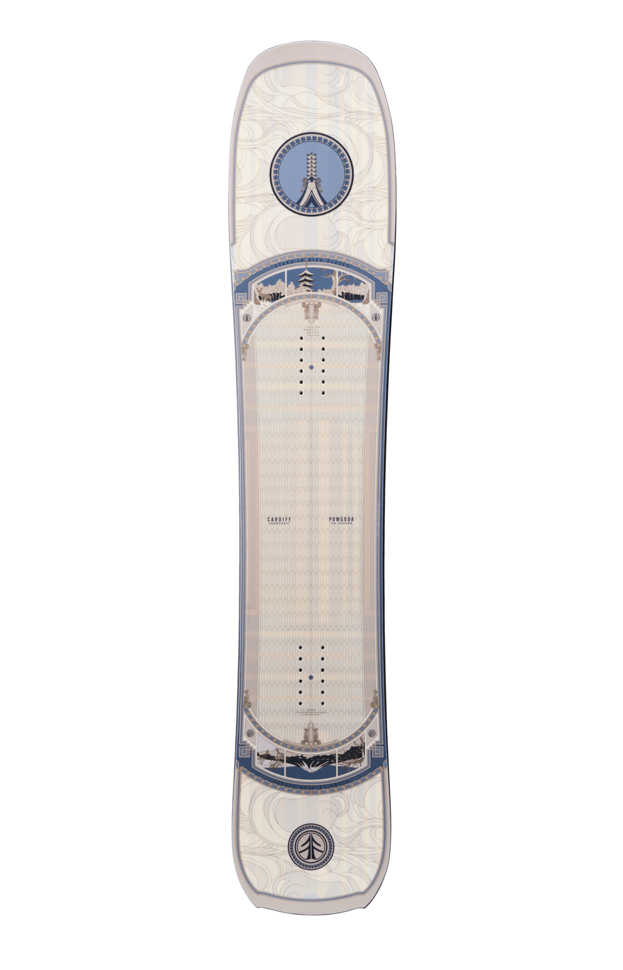 Powgoda Enduro Snowboard with a white top sheet and colorful graphic design, ready for the slopes.