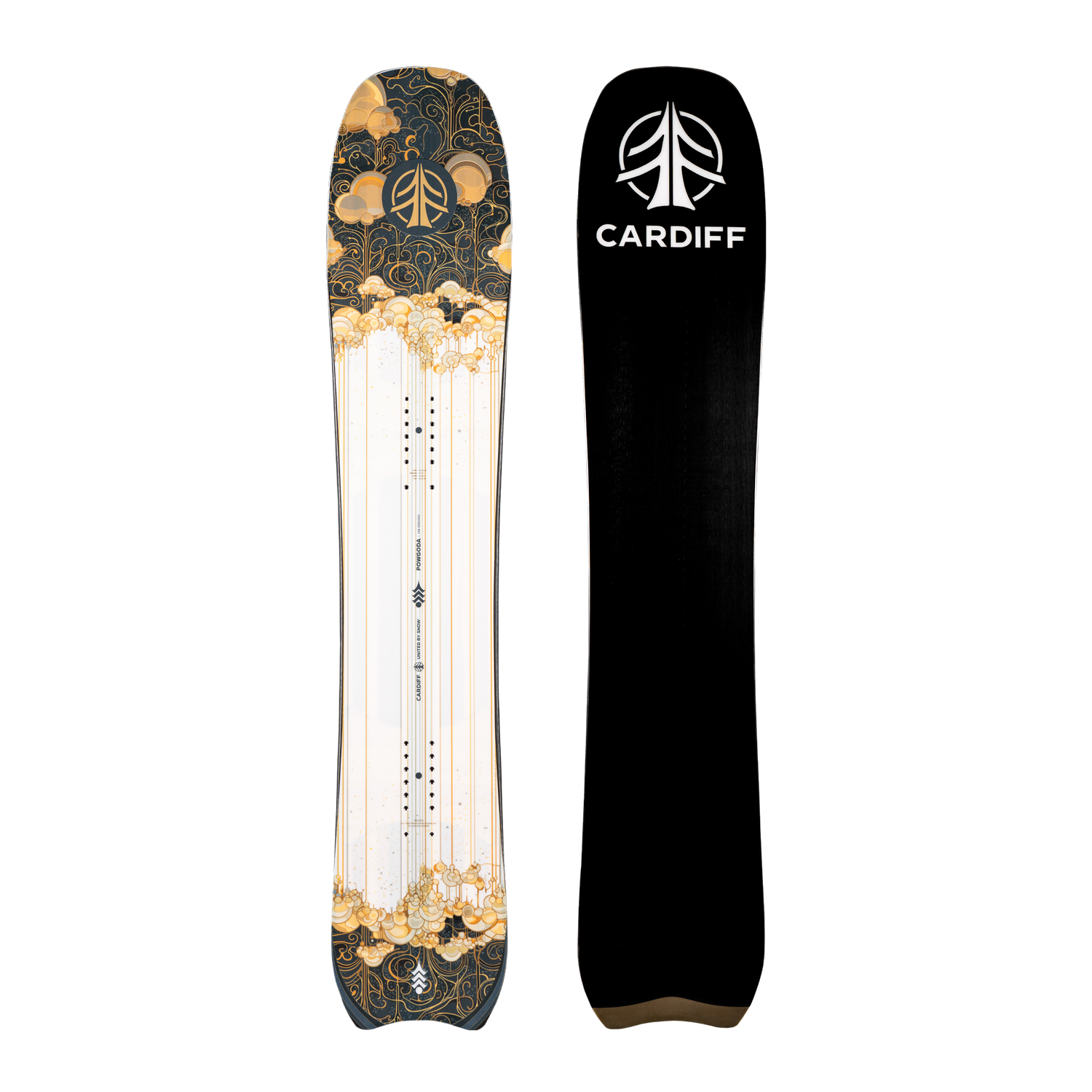 Powgoda Enduro Snowboard 2026 with a graphic of a mountain range and trees.