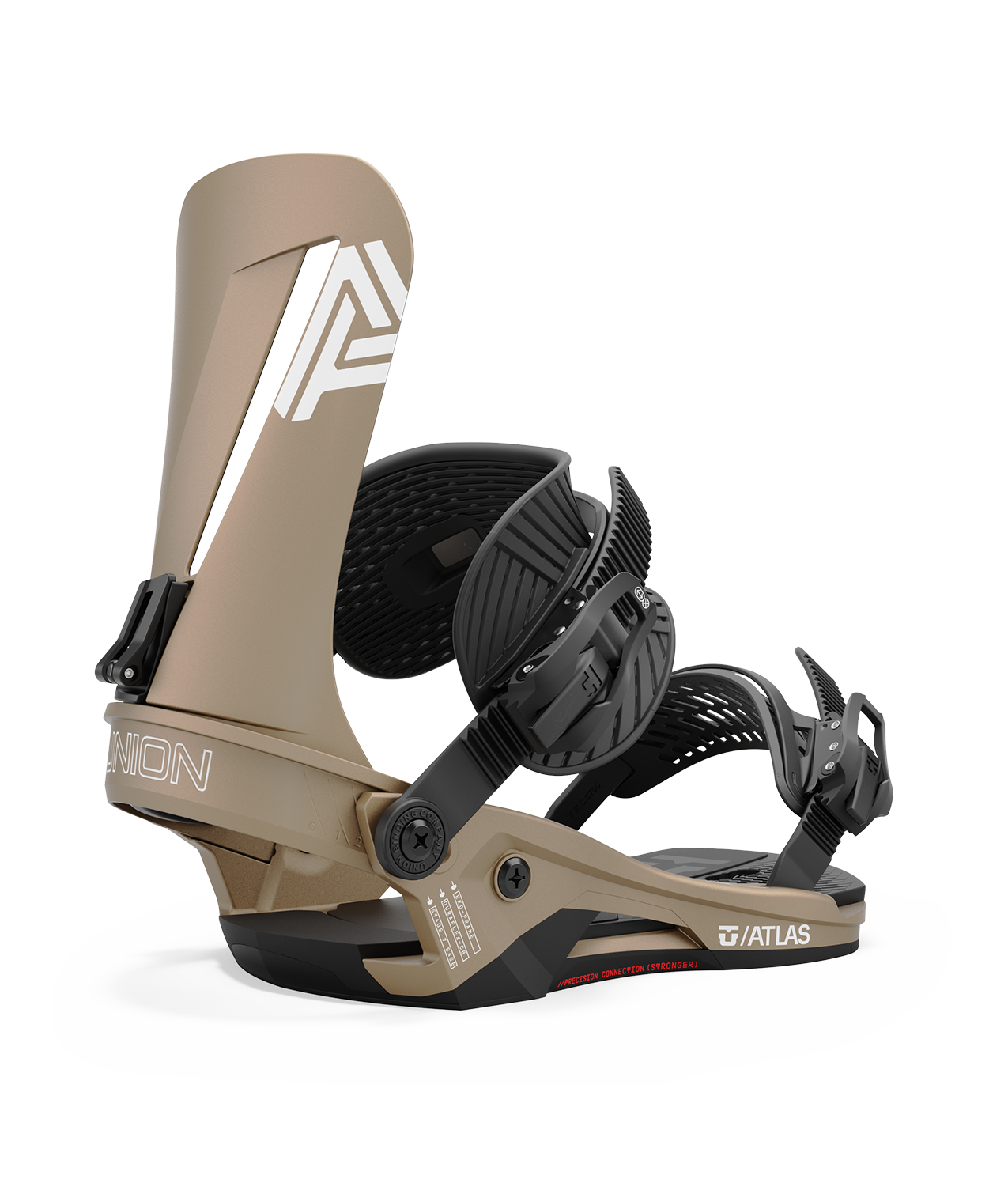 Union Atlas snowboard bindings in black and white, showing the ankle and toe straps.