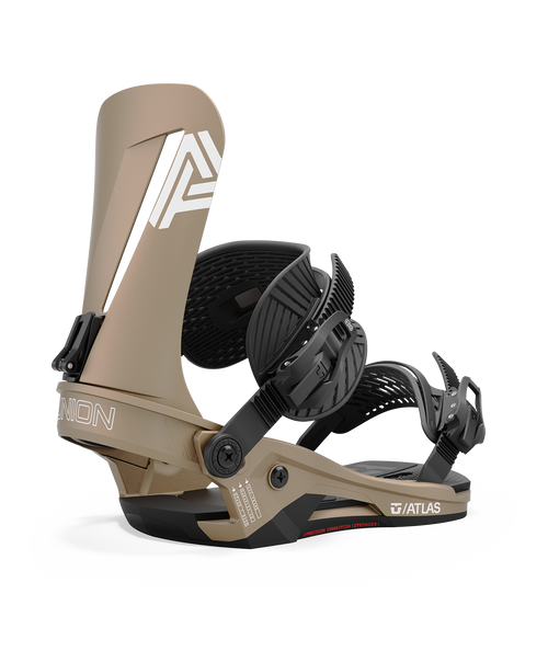 Union Atlas snowboard bindings in black and white, showing the ankle and toe straps.