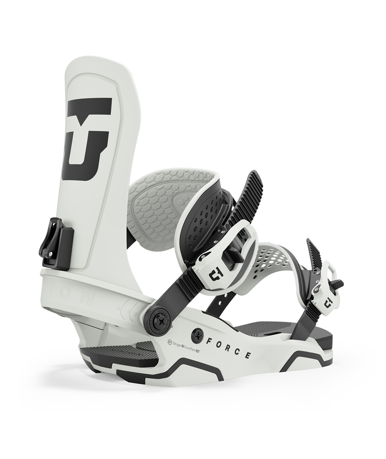 Union Force Bindings in black and white, showcasing their robust construction and strap system.