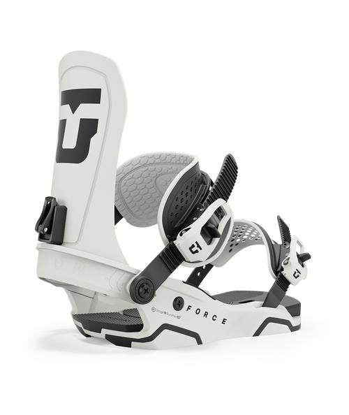 Union Force Bindings in black and white, showcasing their robust construction and strap system.