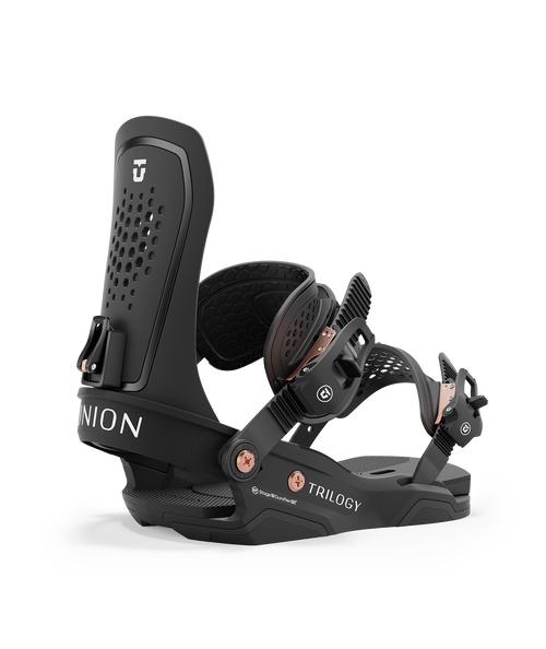 Union Trilogy Women's Bindings in black and white, showcasing their durable construction and adjustable straps.