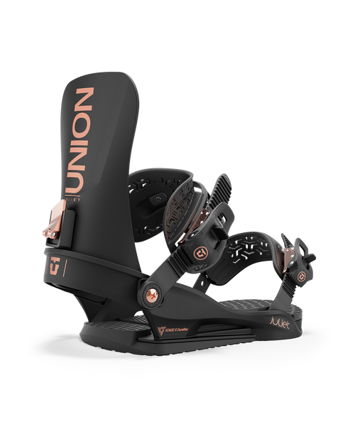 Union Juliet Women's Bindings in black and white, showcasing the strap and buckle system.