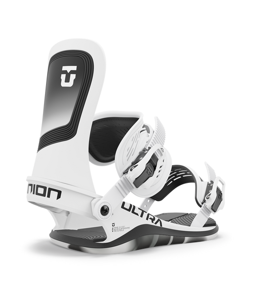 Union Ultra Women's Snowboard Bindings in black and white with pink accents, shown from a side angle.