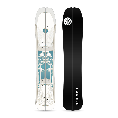 Bonsai Enduro Splitboard 2026: A dark-colored splitboard with a graphic design, shown from a top-down perspective on a white