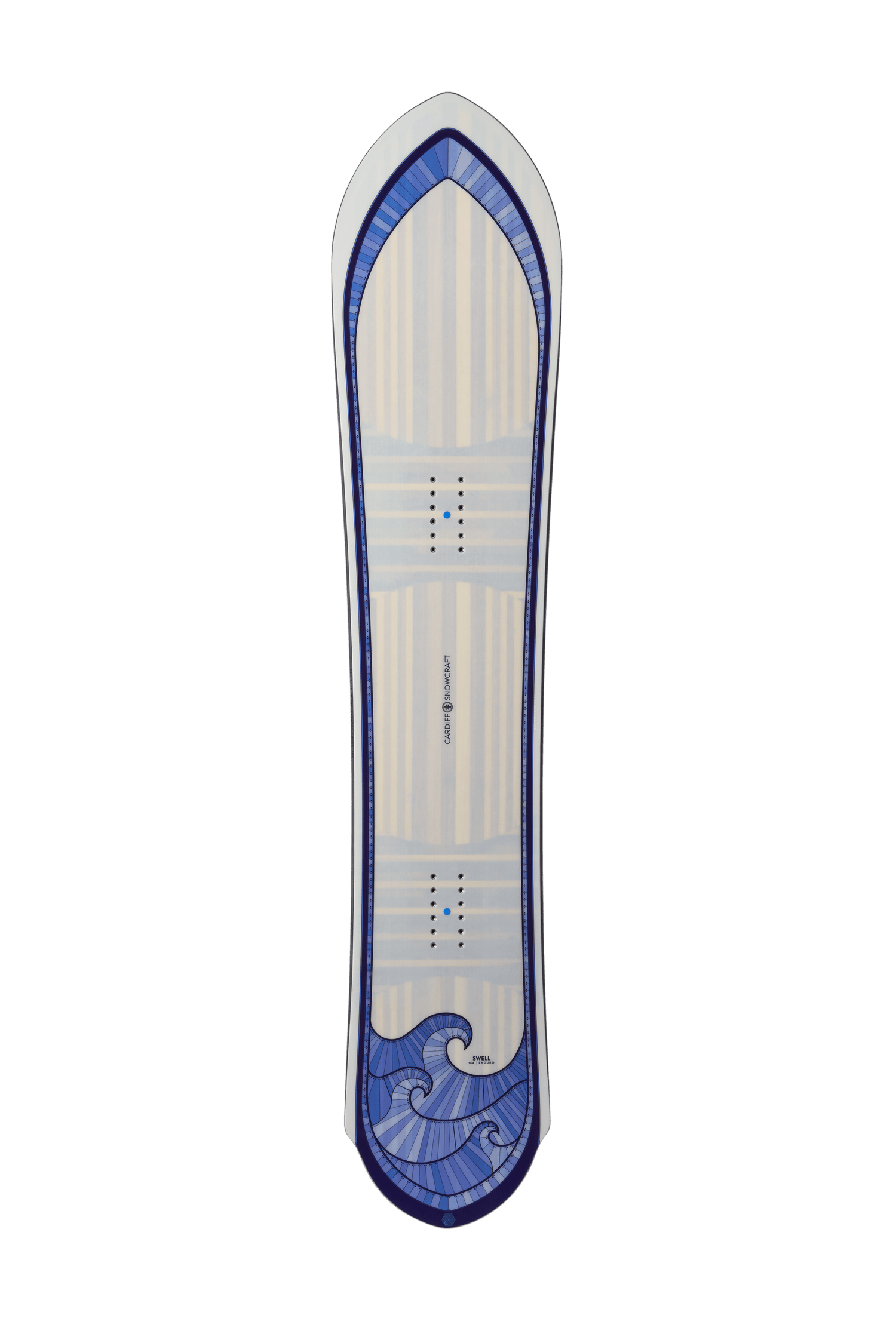 Swell Enduro Snowboard, a sleek black and white board with blue accents, ready for the slopes.