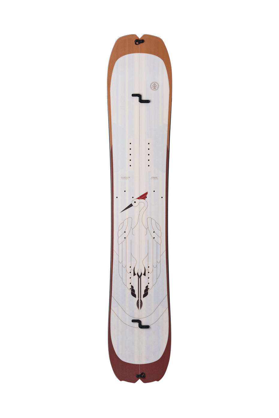Crane Enduro Splitboard, a black and white splitboard with bindings, ready for backcountry adventure.