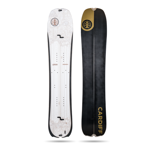 Powgoda Pro Carbon Splitboard 2026 with a sleek black and white design, split down the middle.
