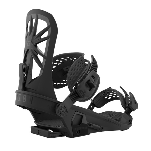 Union Explorer Bindings, showing a pair of black and grey snowboard bindings with metal components and straps.