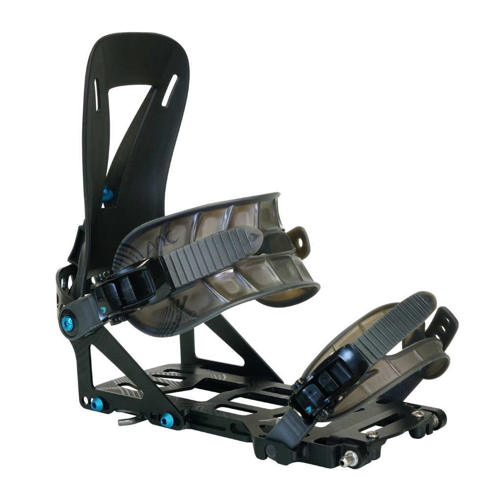 Spark Arc ST Pro Bindings: Close-up of black and white snowboard bindings with red accents.
