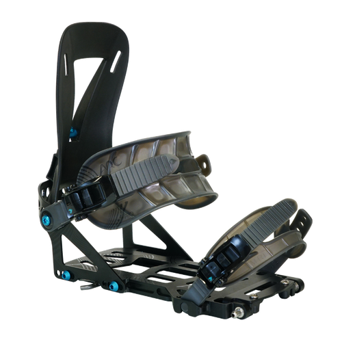 Spark Arc ST Pro Bindings: Close-up of black and white snowboard bindings with red accents.